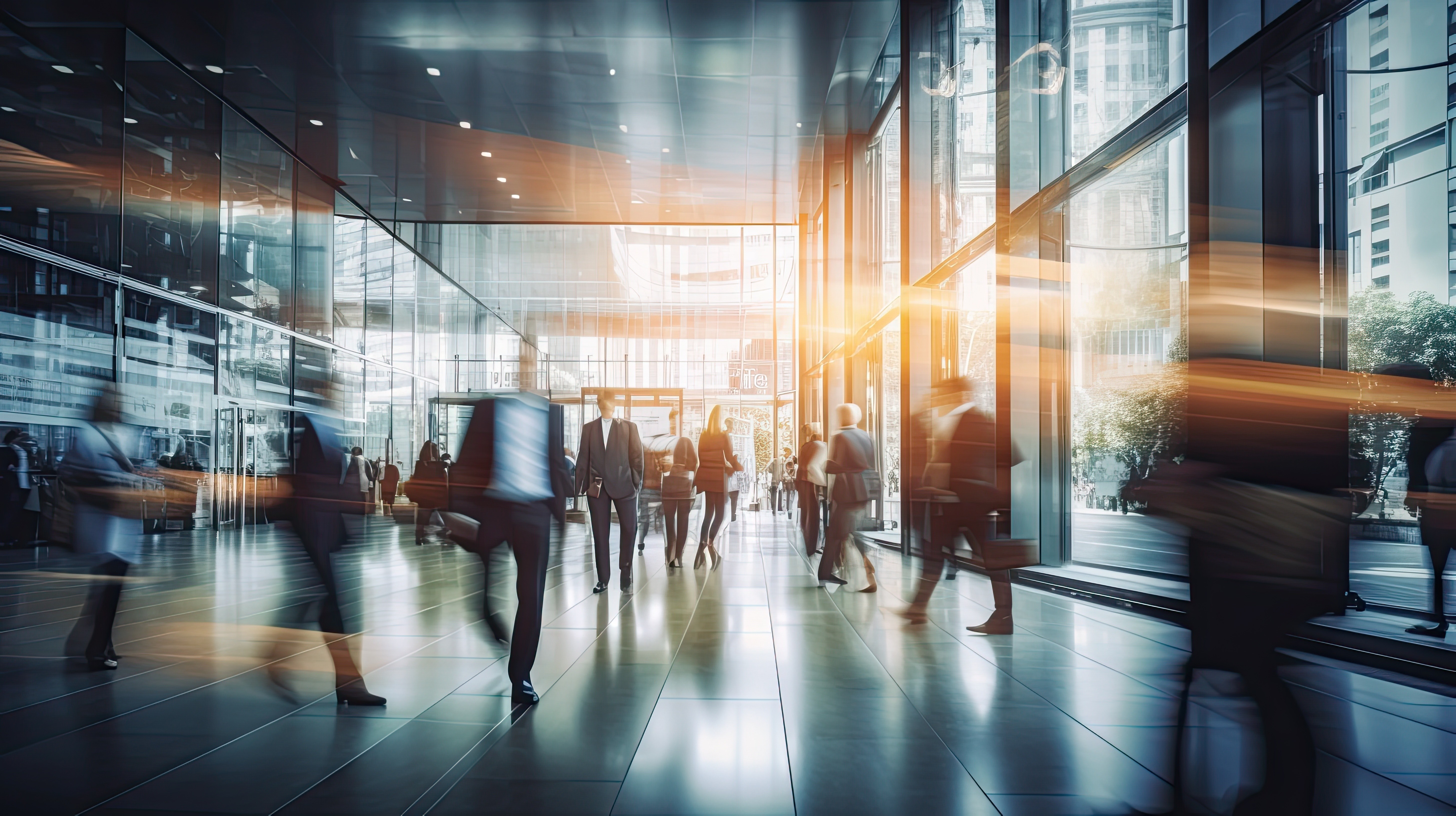 Modern office lobby with glass walls and warm light streaks, shown with intentional motion blur, symbolising advisory across multiple capability disciplines and dynamic organisational environments.