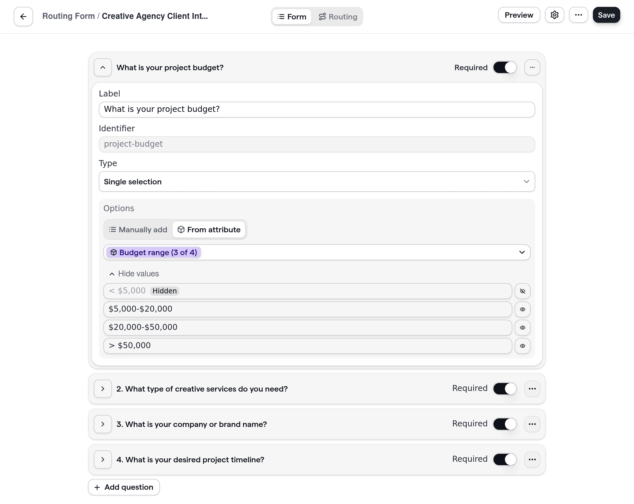 Cal.com routing form showcasing the creation of a customizable client intake form for creative agencies. The form includes questions tailored to agency clients, such as project type and budget.