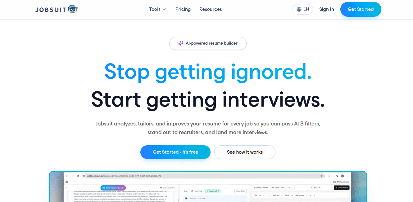 JobSuit AI homepage showing its AI-powered resume builder and tailoring tool