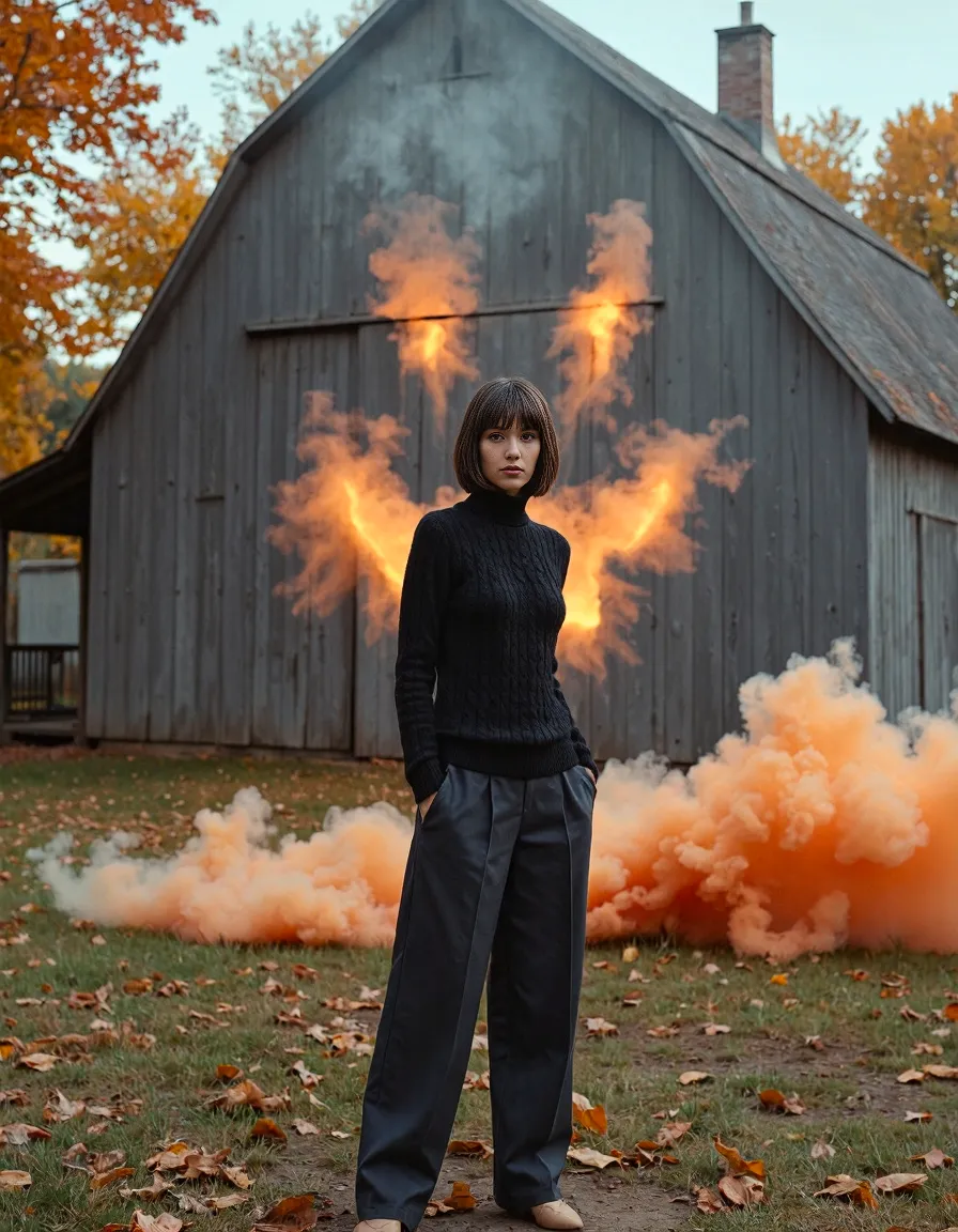 Atmospheric autumn scene with orange smoke effects and flames against rustic barn backdrop, featuring dark clothing against fall foliage.