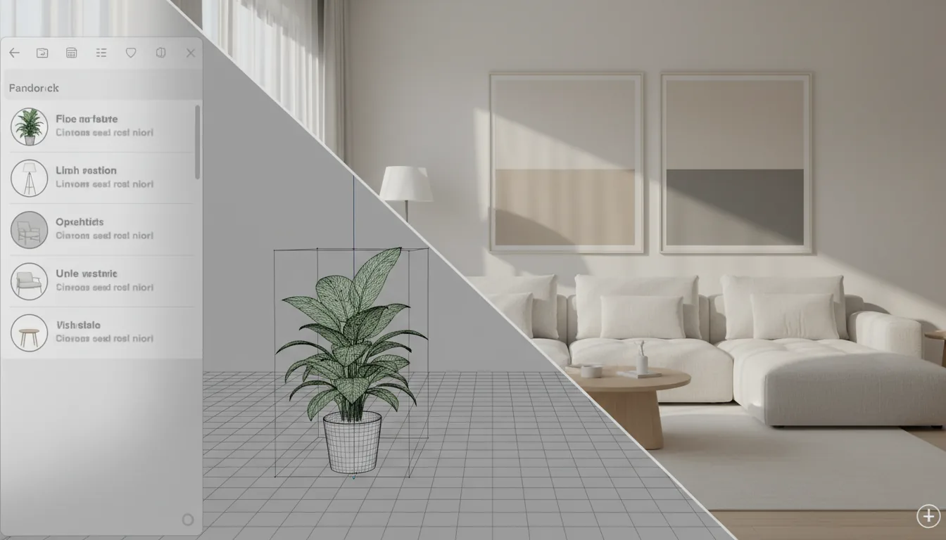 A screen capture of a 3D interior design product configurator software with a split-view interface. On the left, a semi-transparent glassmorphism sidebar in a Clean Light Mode style, featuring a list of selectable furniture props with thumbnails and abstracted text lines. The main content area has a diagonal split: the bottom-left shows a basic 3D editor viewport with a single plant object, while the top-right shows a photorealistic 3D render of a modern minimalist living room. The rendered room features a plush off-white sofa, a light wood round coffee table, and two large framed abstract paintings in neutral tones on the wall. The scene is lit with soft global illumination and bright natural daylight.