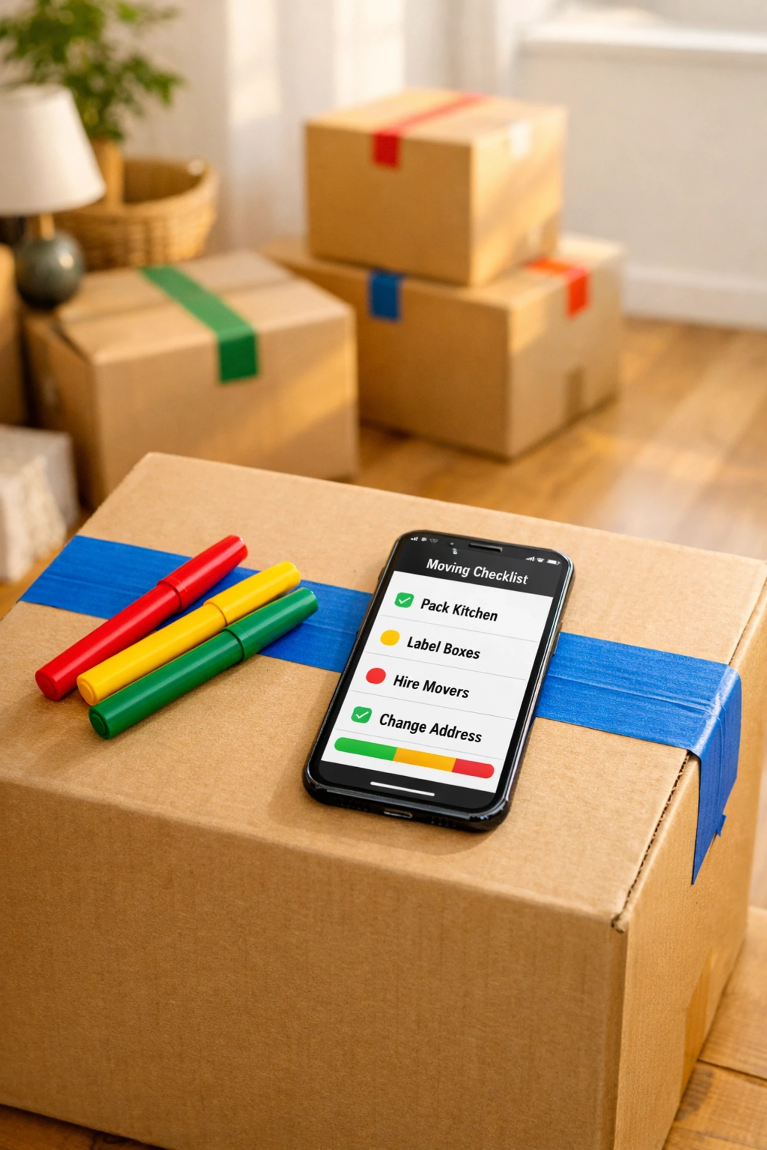 Neatly labeled moving boxes and a digital checklist for a professional packing service in San Francisco.