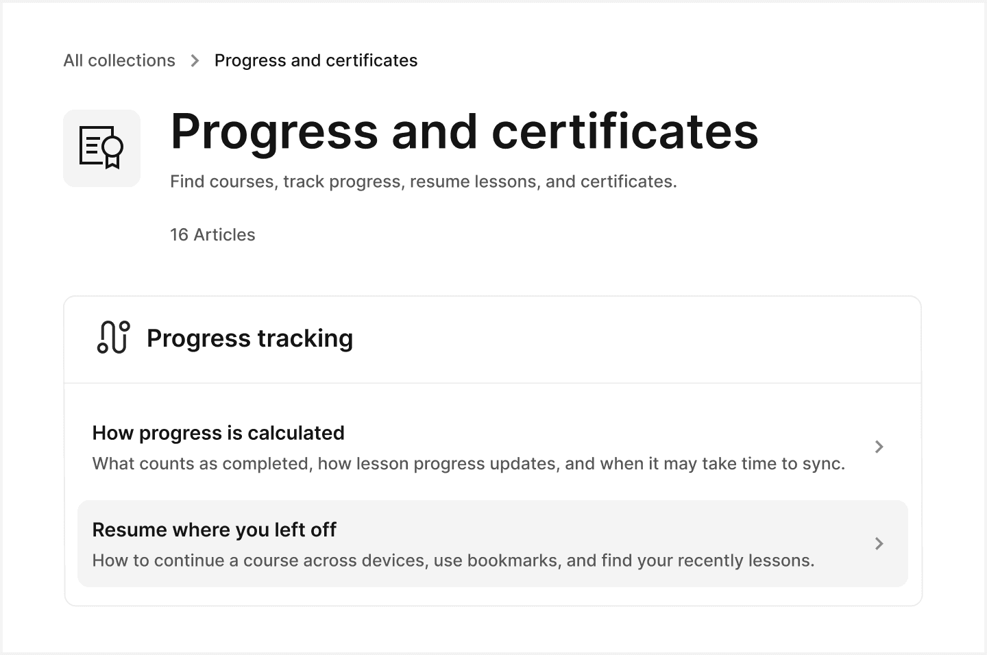 Online course help center section for tracking progress and course certificates.
