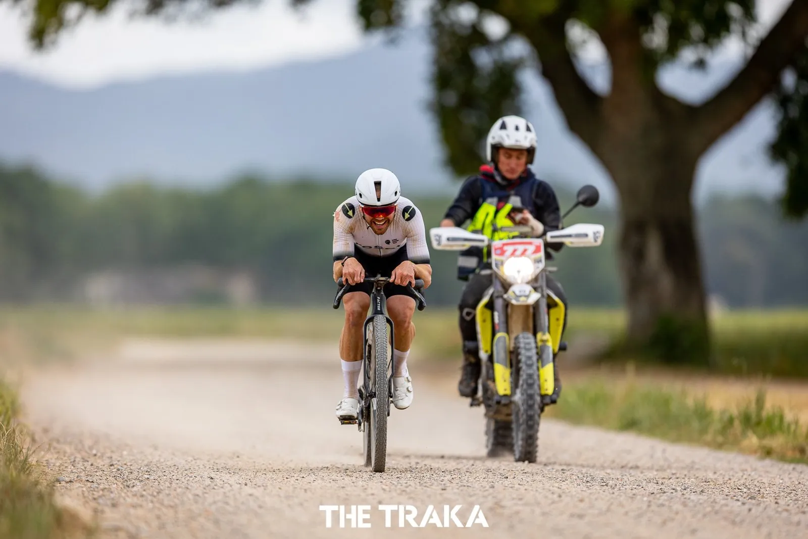 Zack Morris riding alone at the front of The Traka in Girona on 3 May 2026, followed by the race motorbike