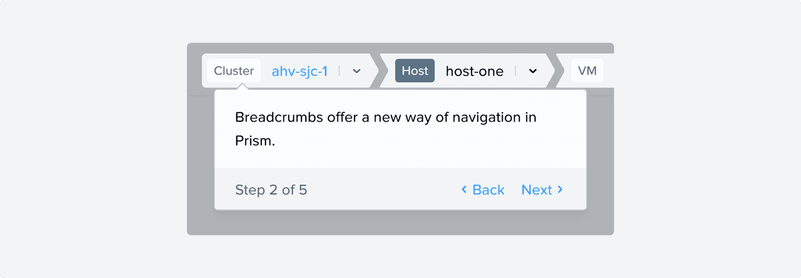 A breadcrumb with a tutorial popover showing its usage by blocking everything ellse on the screen.