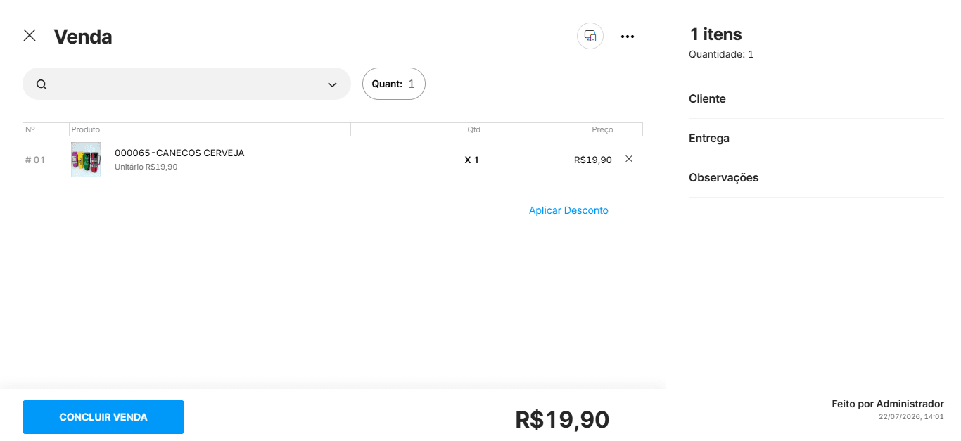 Tela de venda do Nex exibindo um produto adicionado ao carrinho, com quantidade, preço unitário, opção de aplicar desconto e botão para concluir a venda.