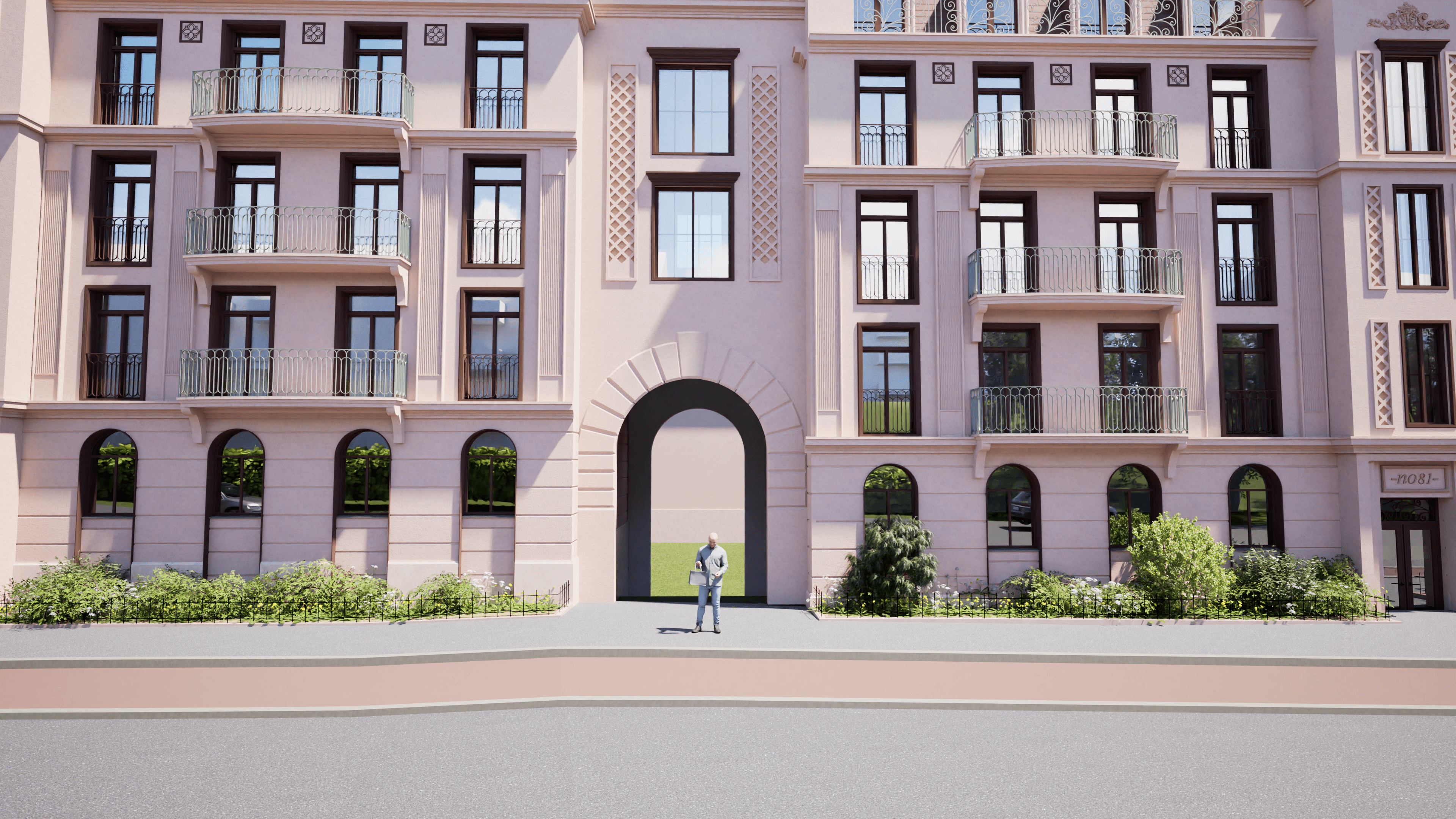 Hjørnebalkong i HasleHaven med ornamentert gesims, smijernsrekkverk og naturmaterialer