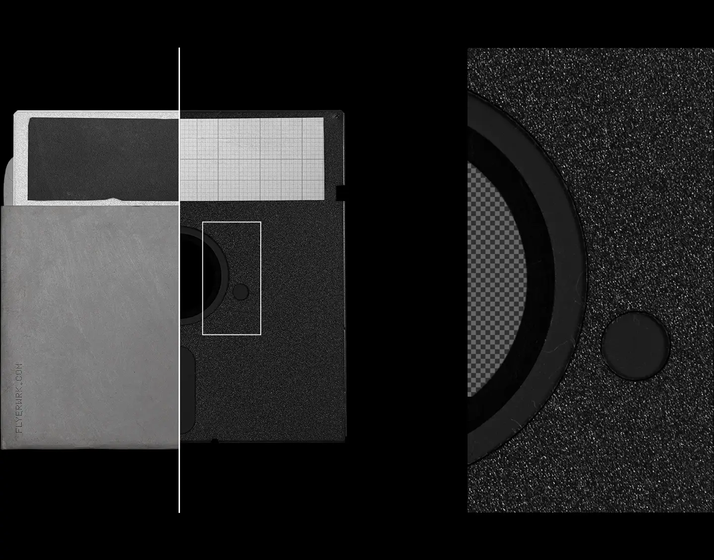 Close-up macro detail of the Vintage Floppy Disk 5.25 inch Mockup highlighting the realistic grainy plastic texture