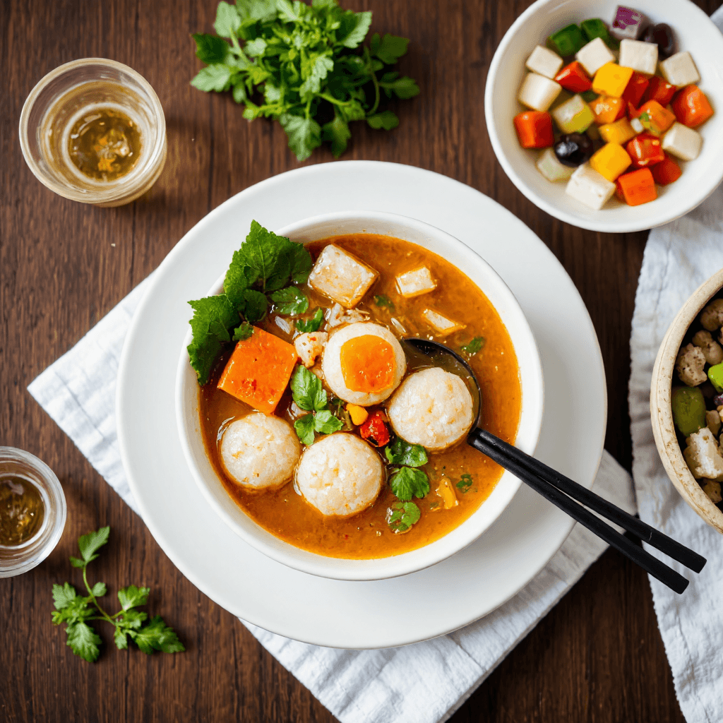 product photography of a bowl of hot soup with various fish cakes and ingredients