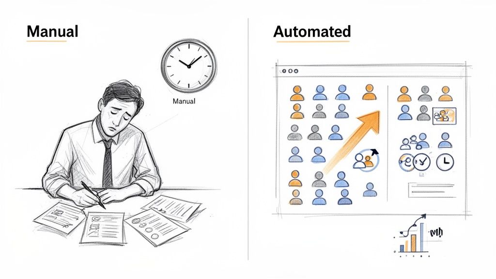 A visual comparison: a tired person doing manual work vs. an automated system for efficient lead generation.