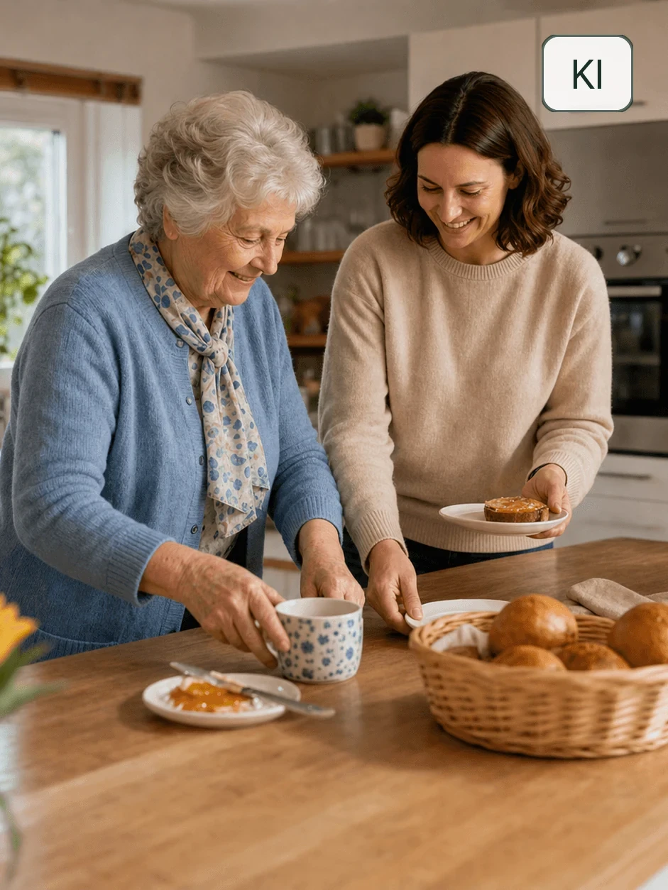 Eine ältere Frau und ihre Betreuungskraft bereiten gemeinsam Frühstück in der heimischen Küche vor.