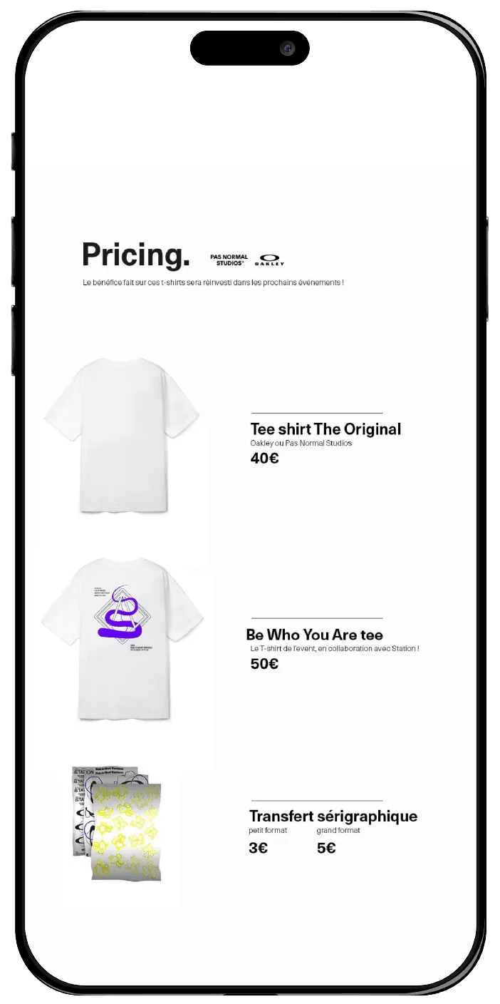 Design d'interface UI mobile pour l'application d'activation et de personnalisation de t-shirts.