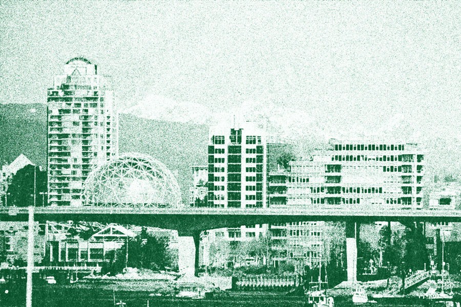 Vancouver City View With Science World And Rocky Mountains In The Background