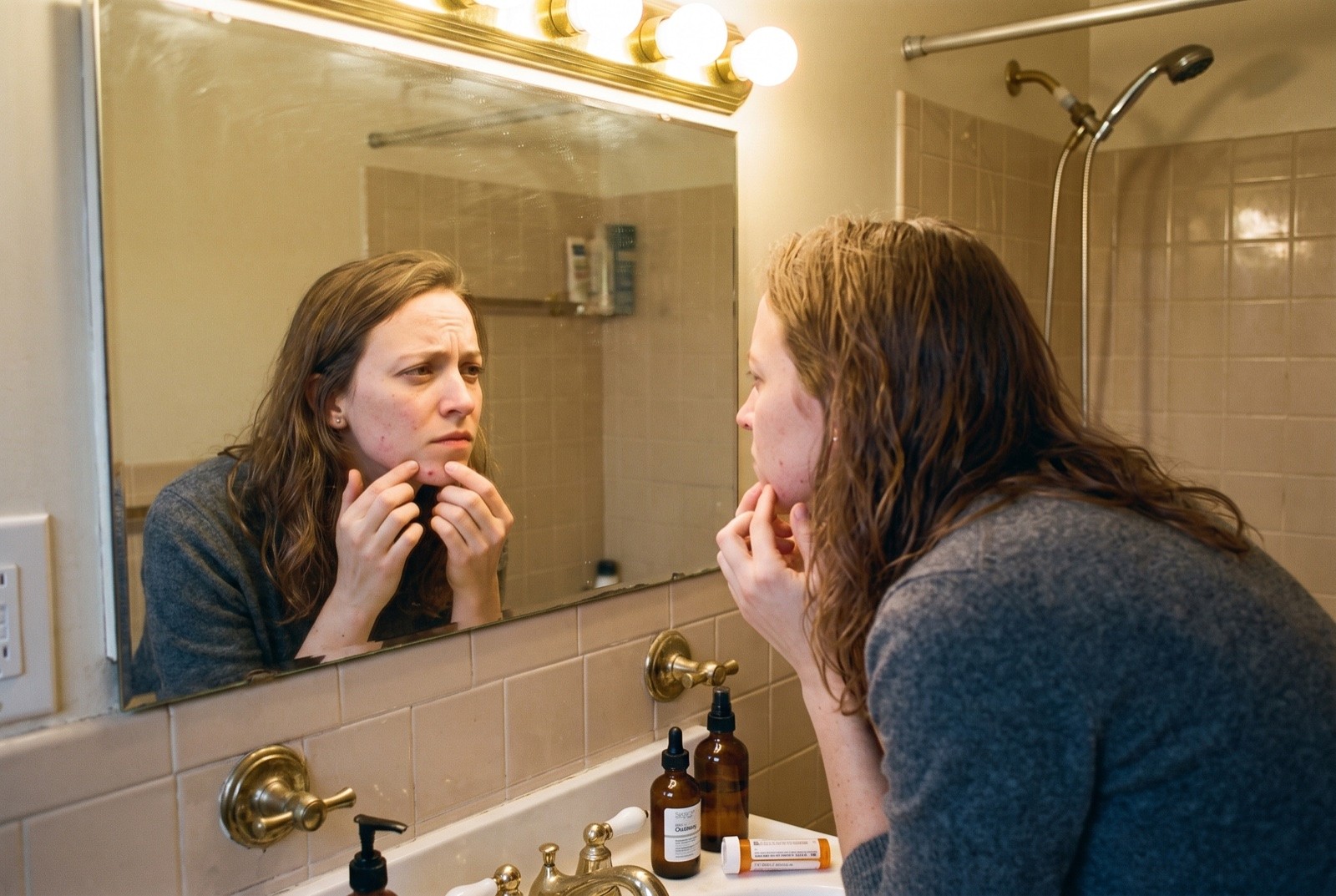 A woman leaning close to a bathroom mirror under warm vanity light, fingers pressed to her jaw, inspecting her skin, skincare bottles on the sink edge.