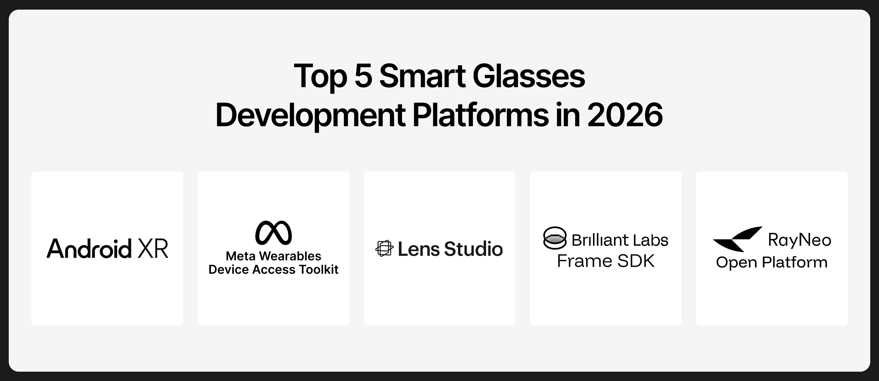 Infographic listing the top 5 smart glasses development platforms in 2026: Android XR, Meta Wearables Device Access Toolkit, Lens Studio, Brilliant Labs Frame SDK, and RayNeo Open Platform, each shown with their logo in a white card