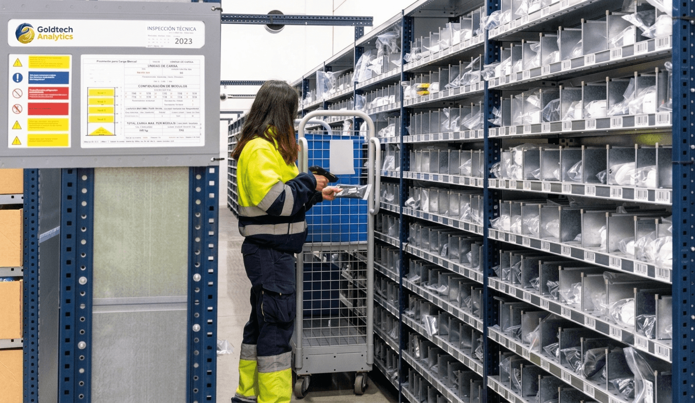Personal de Goldtech Analytics (Pharmatech Prime) busca una lámpara de cátodo hueco en el almacén de repuestos