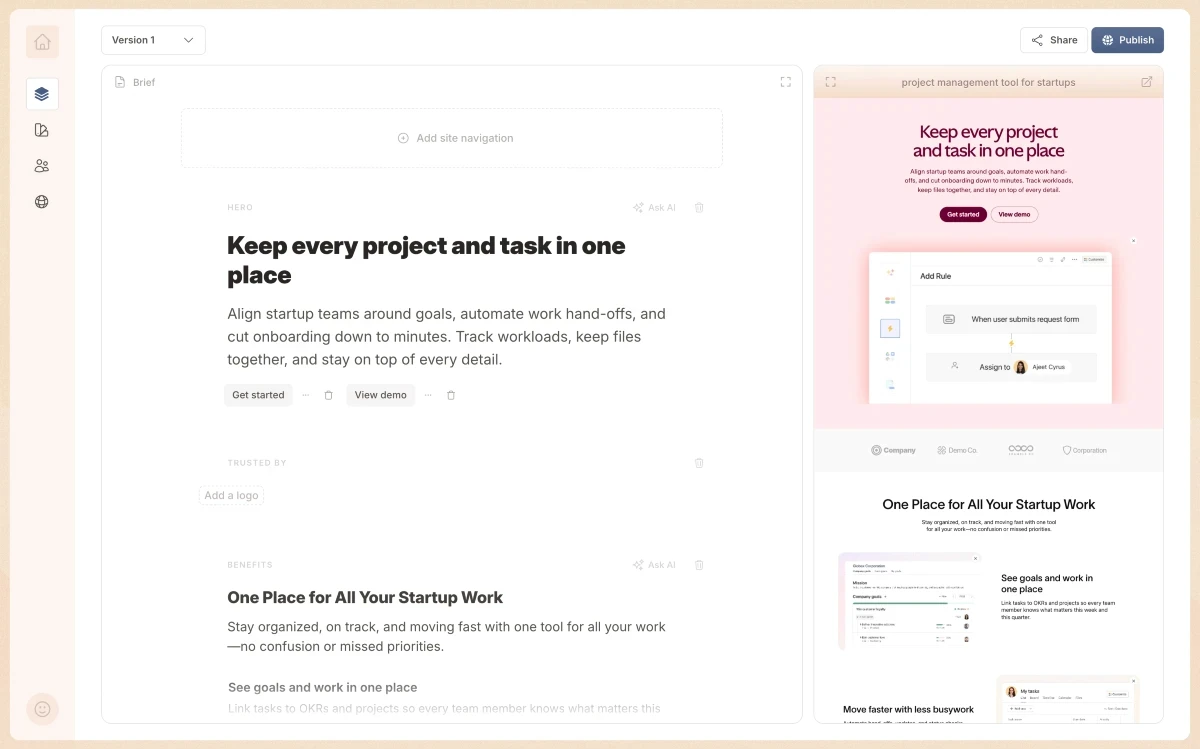 A landing page tool with a text editor on the left and a live page preview on the right