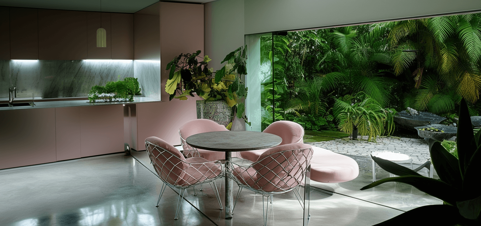 Modern home office setup with a monitor, ergonomic chair, keyboard, and indoor plants near a window with blinds.