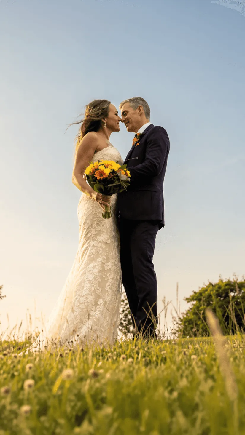 Bride & groom face each other lovingly in a grassy field; she wears a lace gown