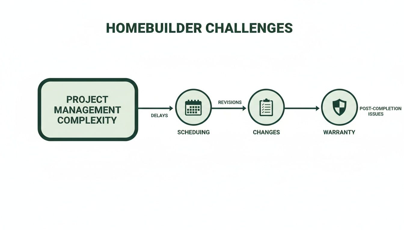 Flowchart illustrating homebuilder challenges: project management complexity, delays, scheduling, changes, and warranty issues.