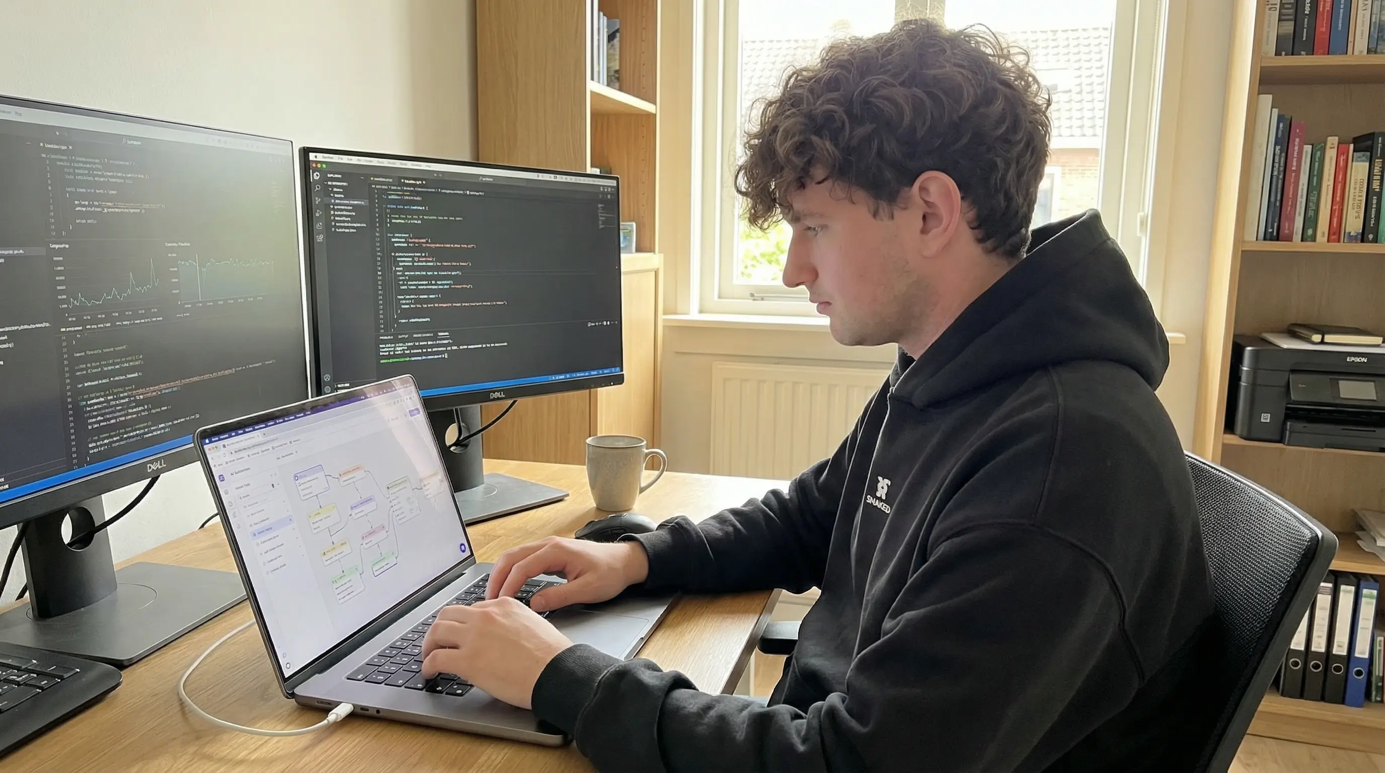 Jonge programmeur die aan een laptop en twee monitoren werkt met code en een workflow-tool, zittend aan een bureau in een lichte thuiswerkruimte.