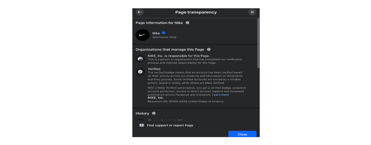 Facebook page transparency details for Nike verified account