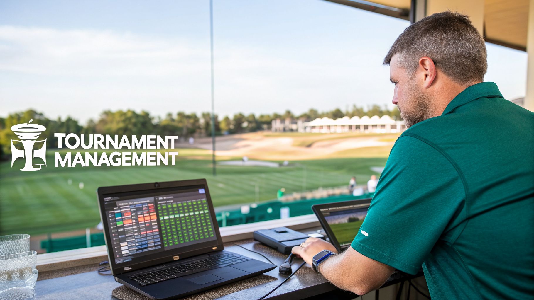 Man operating golf tournament management software on laptops overlooking a sunny golf course.
