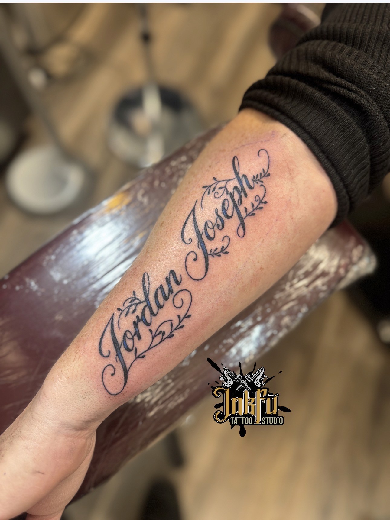 Jordan Joseph Name Script: lettering tattoo on the forearm, by Meer Rich