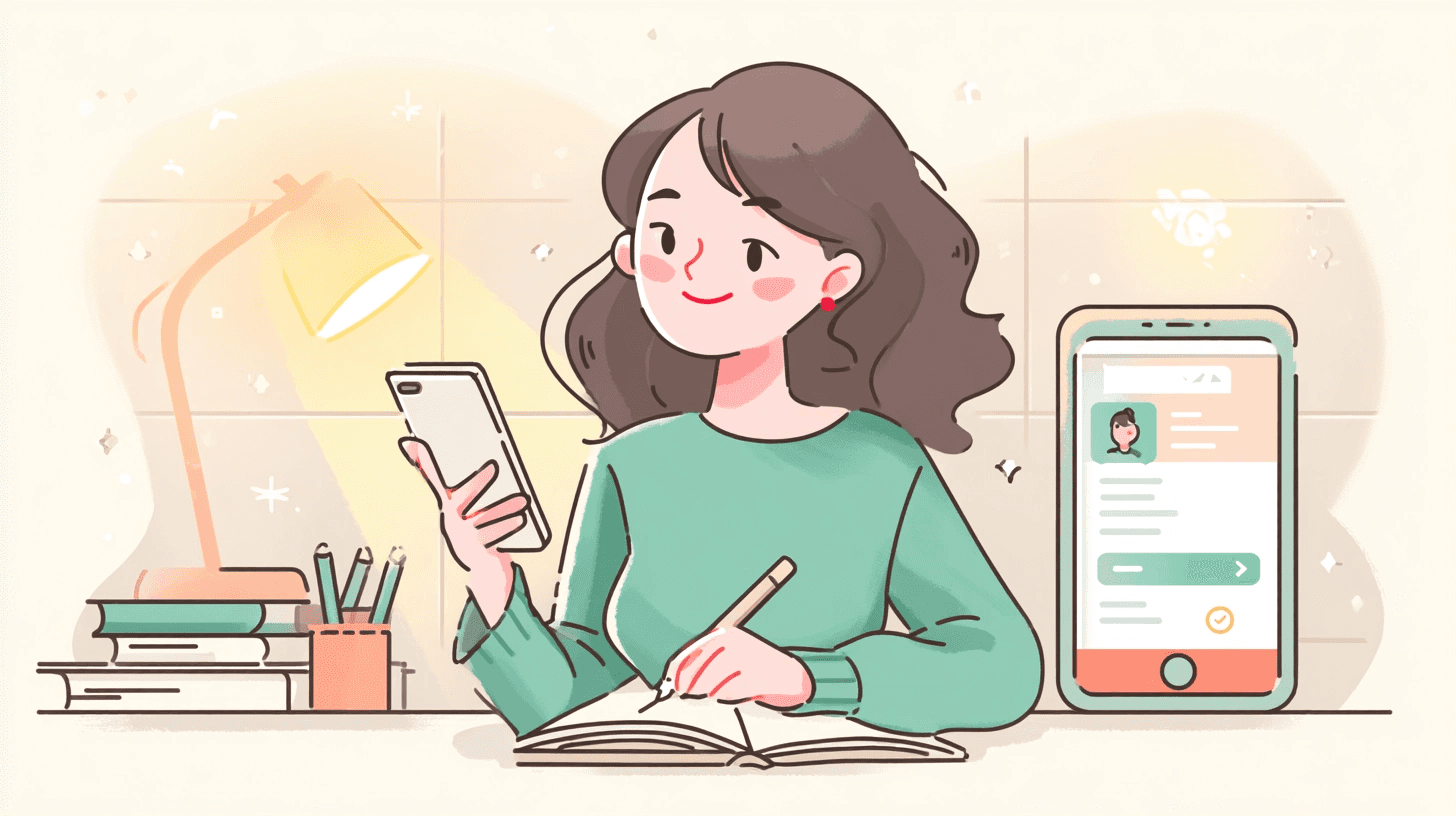 스마트폰을 확인하며 노트에 비밀번호를 메모하는 여성의 일러스트 이미지입니다.