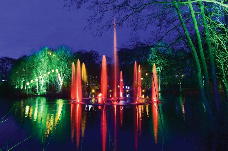 Illuminated colorful fountains at night with light-decorated trees surrounding water