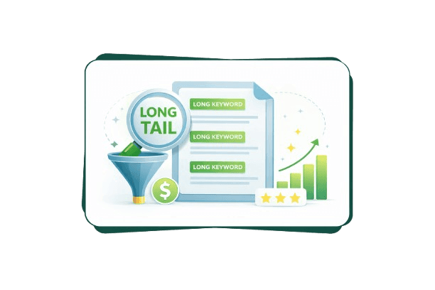 Minimalistic illustration of long tail keywords with a document, magnifying glass, funnel, and rising bar chart inside a white card with green border, representing focused SEO keyword strategy.