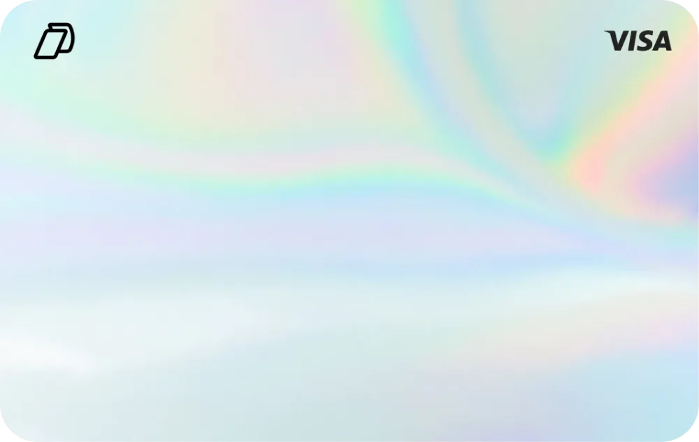 Visa credit card with holographic rainbow gradient design and payment network logo.