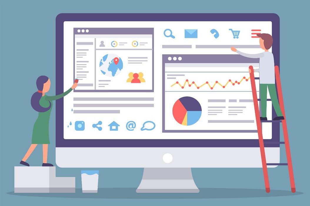 Flat illustration of two marketers managing a campaign analytics dashboard with performance charts, social icons, and audience data on a large monitor.