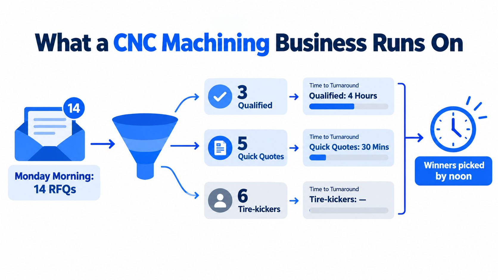 A process flow chart visualizing how a CNC machining business manages fourteen morning RFQs through a qualification funnel.