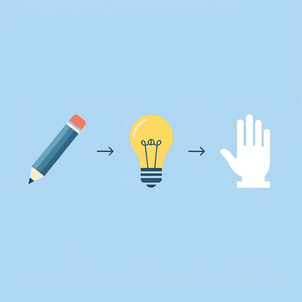 Three-step process: Abstract concept arrow to hands-on creation arrow to physical takeaway object