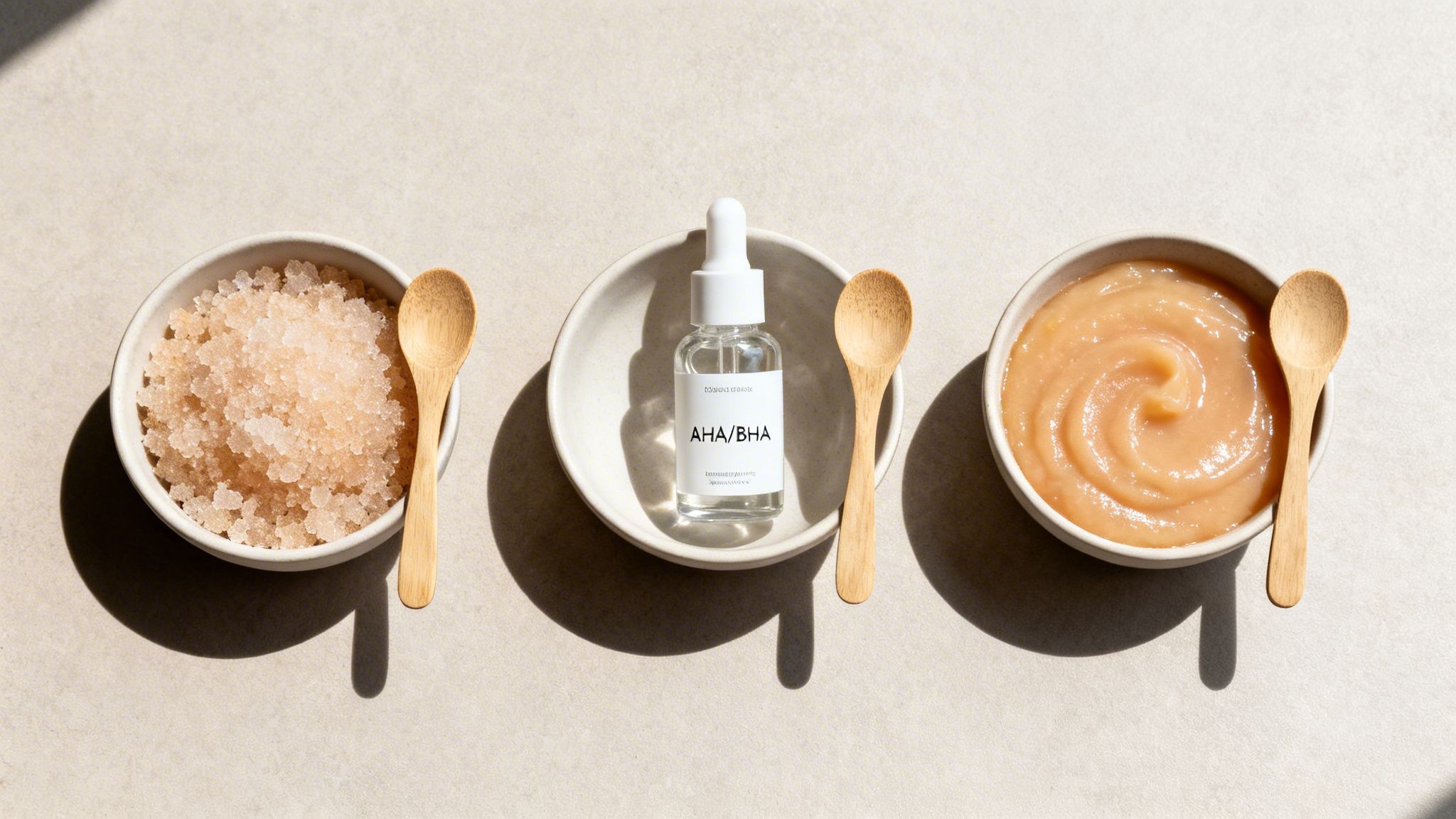 Natural skincare flat lay with sugar scrub, AHA/BHA serum, and face mask, with wooden spoons.