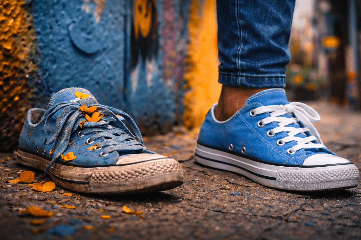 A pair of blue canvas sneakers is shown in a vibrant urban setting, with one shoe covered in small yellow leaves, highlighting creative contrast and artistic detail, reminiscent of innovative graphic design concepts by Optima Quality Solutions.
