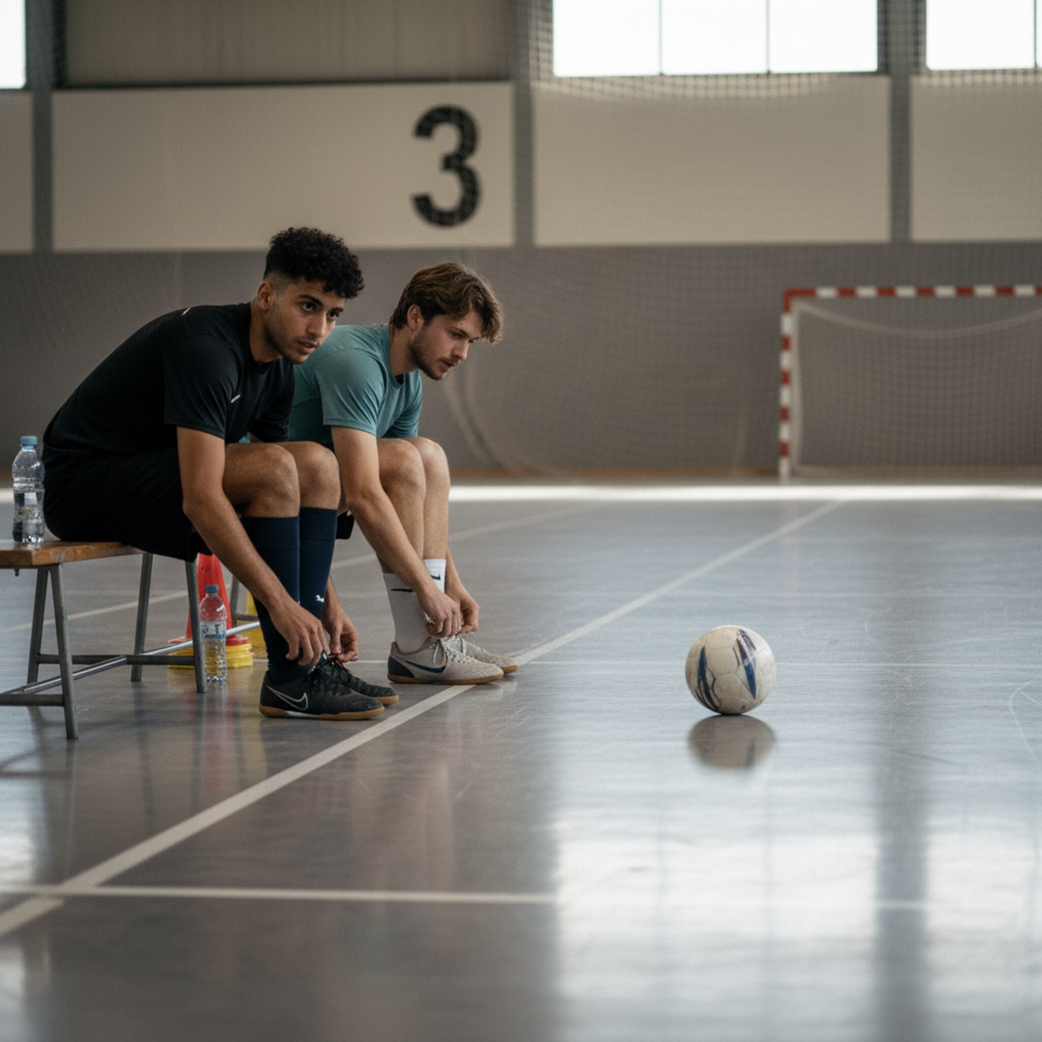 Ein frisch gewischter Court mit nummerierter Bande und hellen Markierungen. Zwei Spieler binden ihre Schuhe auf der Bank, ein Ball rollt langsam entlang der Seitenlinie. In der Luft liegt Vorfreude auf ein privates Match zur Nebenzeit. Das Setting ist sauber, ruhig und spielbereit.