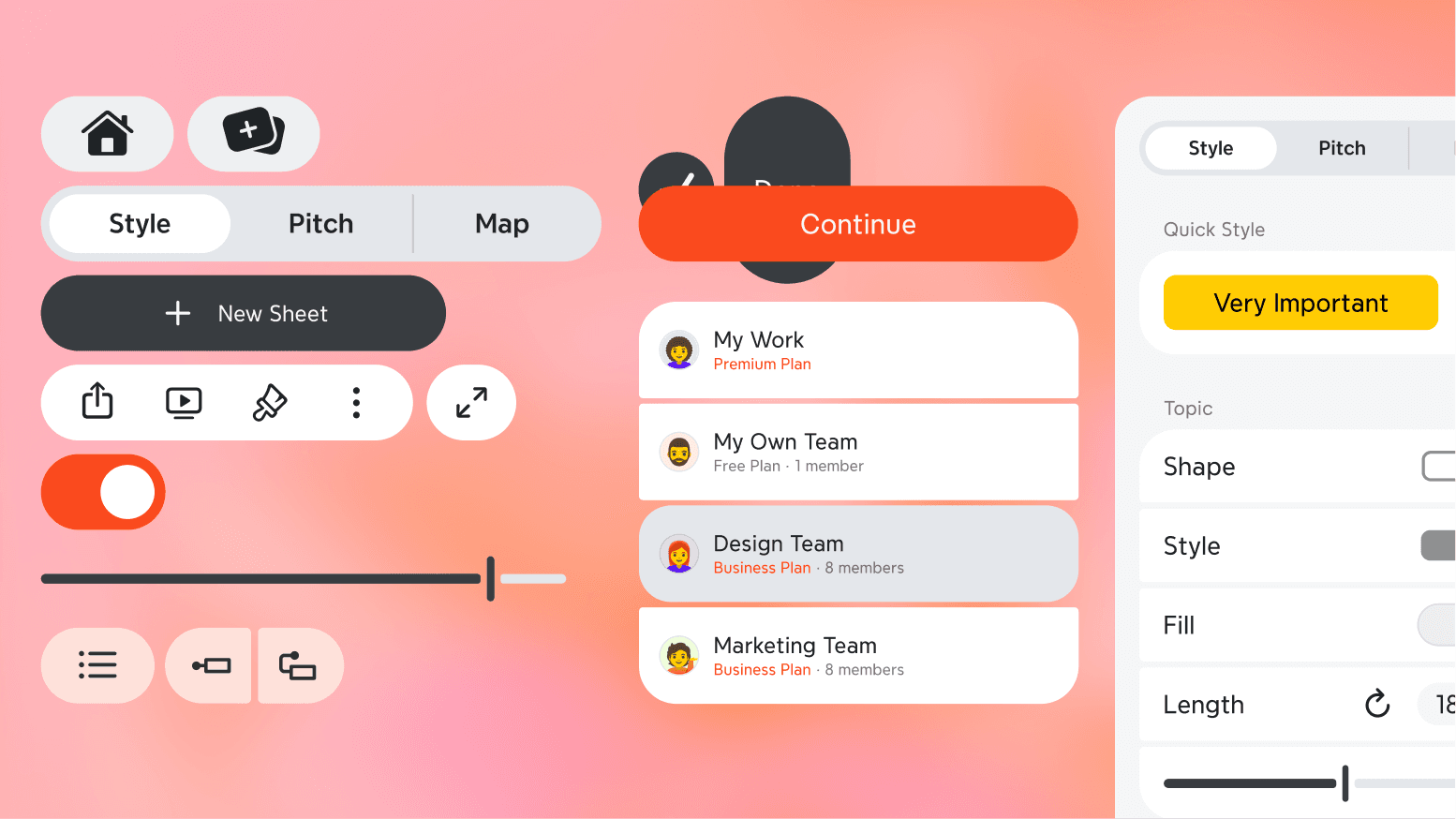 Xmind for Android interface showcasing Material Design 3 components—pill-shaped buttons, toggle switch, list cards, and a properties panel, set against a warm coral gradient background.