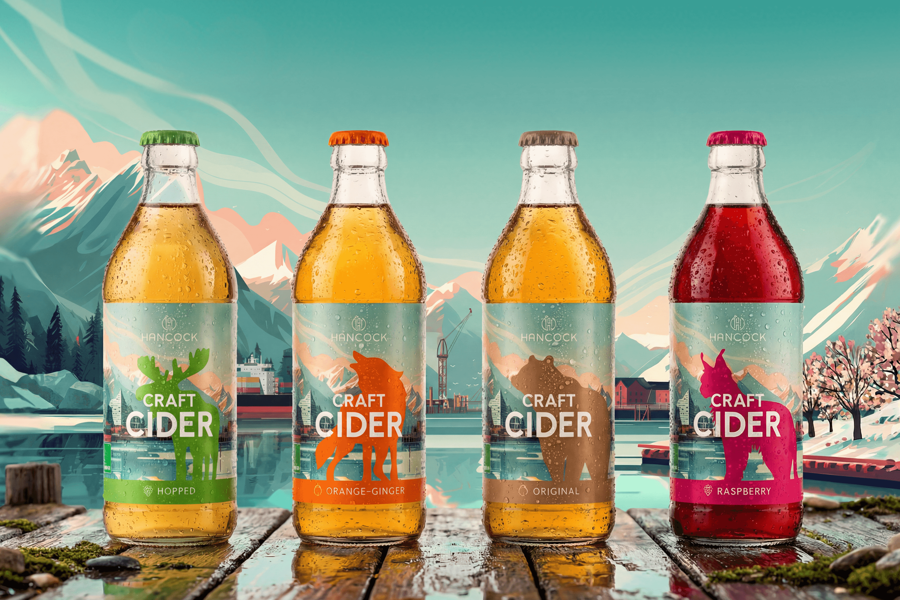 Four bottles of Hancock Craft Cider with different flavors.