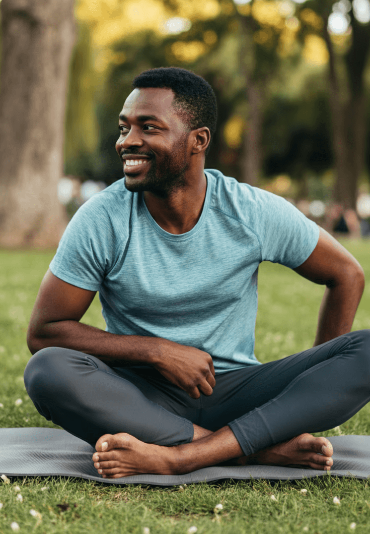 mid shot of dark man doing yoga in a park smiling looking away from camera, left of the shot