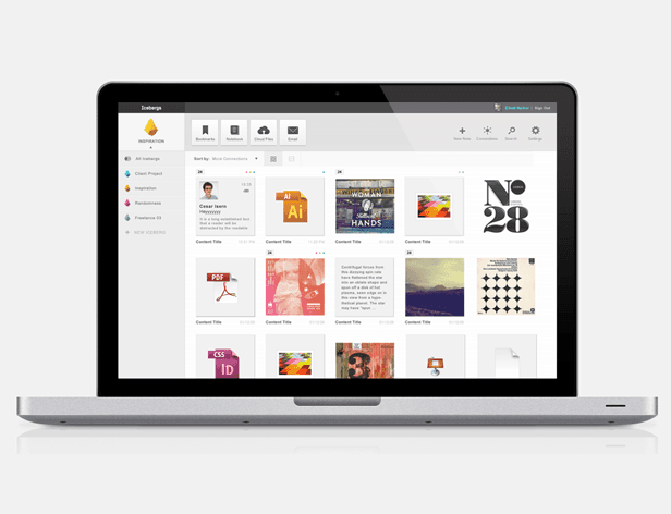 A silver Apple MacBook laptop is open, displaying a grid of images on its screen. The left sidebar shows various categories including “All Inspiration,” “Books,” “Cloud Files,” and “Email.” The right sidebar displays “No 28.” The images include a variety of subjects, including text, graphics, and photographs. The laptop is positioned on a plain white surface.