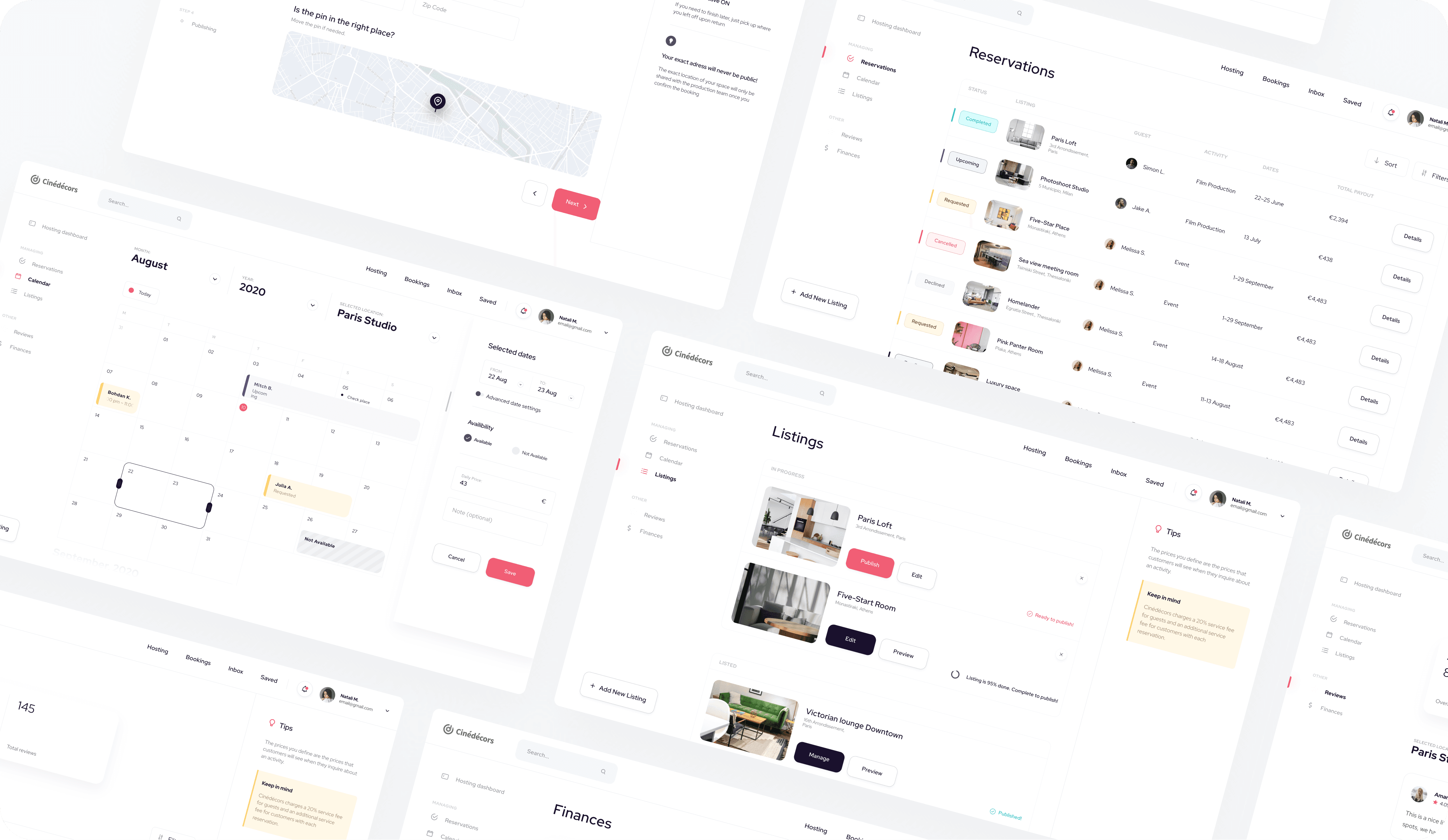 The Cinédécors platform interface showcasing multiple sections. The top-left section shows a map for setting up a listing's location. The calendar view in the middle displays reservations for 'Paris Studio' in August 2020. On the right, a 'Reservations' list displays various reservations with details like type, name, host, activity, and more. Below, the 'Listings' section features different spaces such as 'Paris Loft', 'Five-Start Room', and 'Victorian Lounge Downtown', each with options to edit or preview. The bottom-left section shows the 'Finances' page, while a 'Tips' section is displayed on the bottom right.