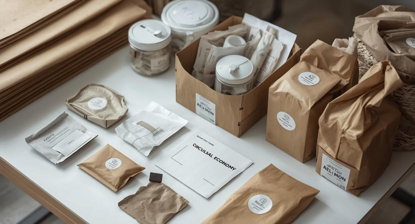Embalagens de papel e materiais reutilizáveis organizados sobre a mesa, representando economia circular, redução de resíduos e escolhas de design sustentável no pilar ambiental do ESG.