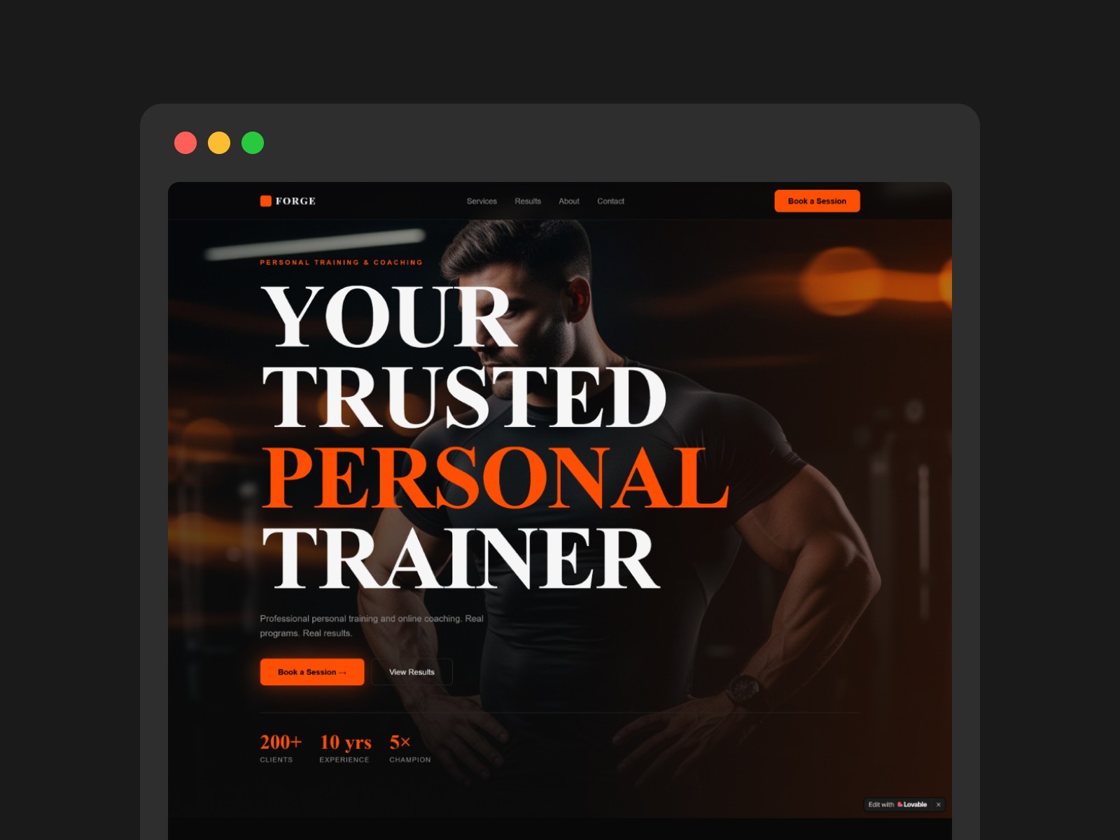 Personal trainer AI website prompt — full desktop view with dark hero section, bold headline, and orange accents