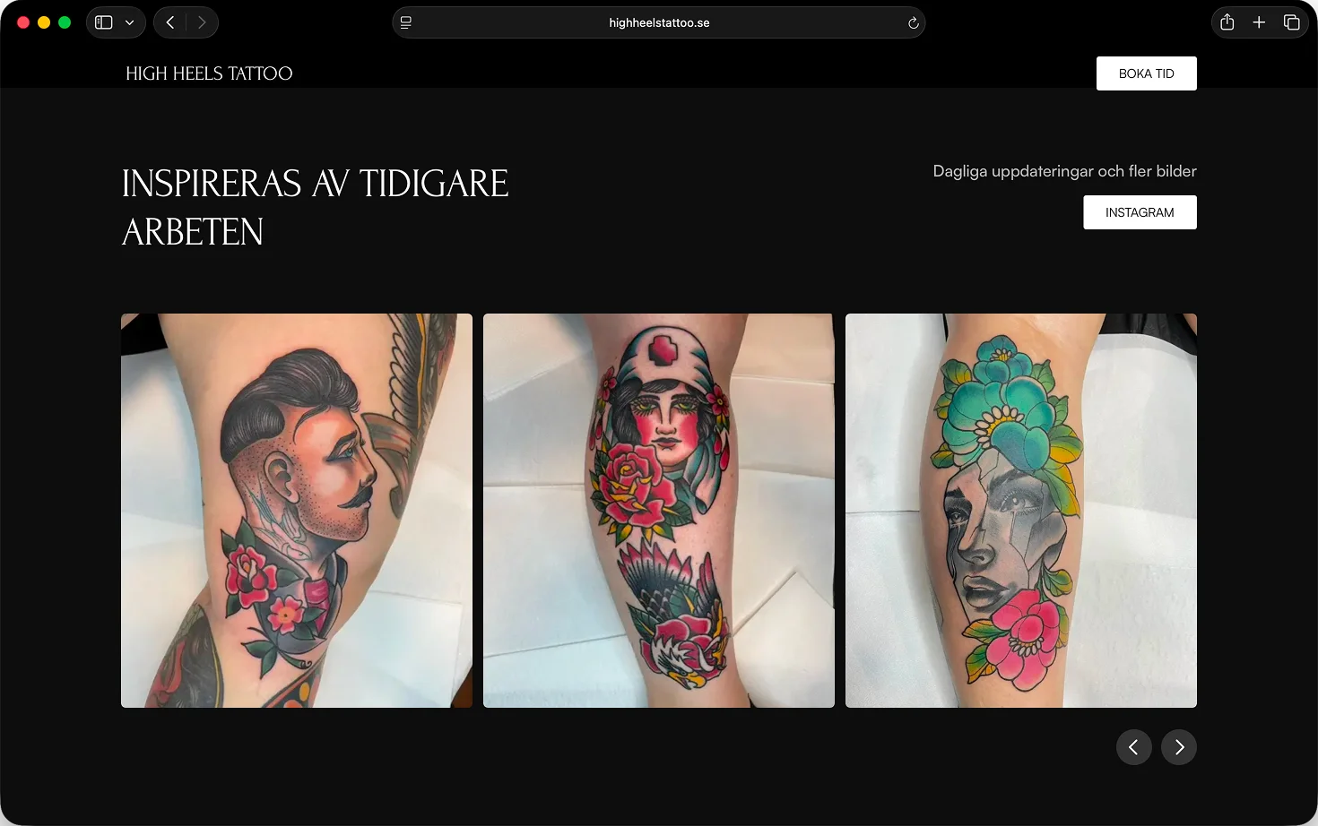 Galleri med tre färgglada neo traditional-tatueringar på High Heels Tattoos hemsida.