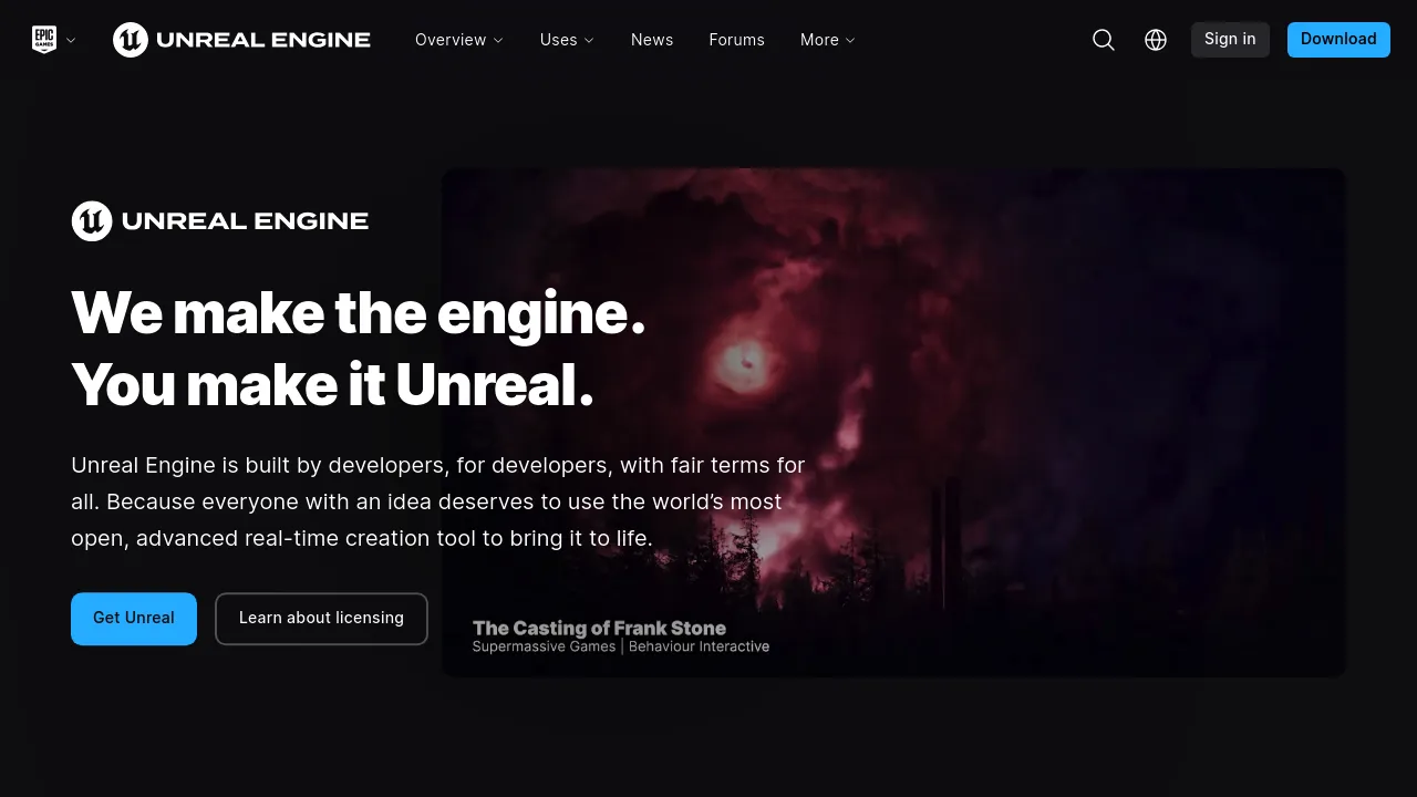 Screenshot of the Unreal Engine website highlighting high-performance game engine with advanced graphics