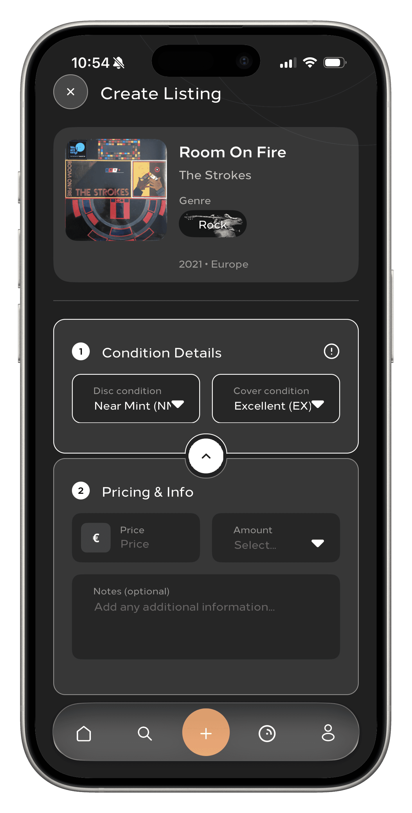 DWICE app screen for grading a vinyl record, setting condition, price, and publishing the listing.