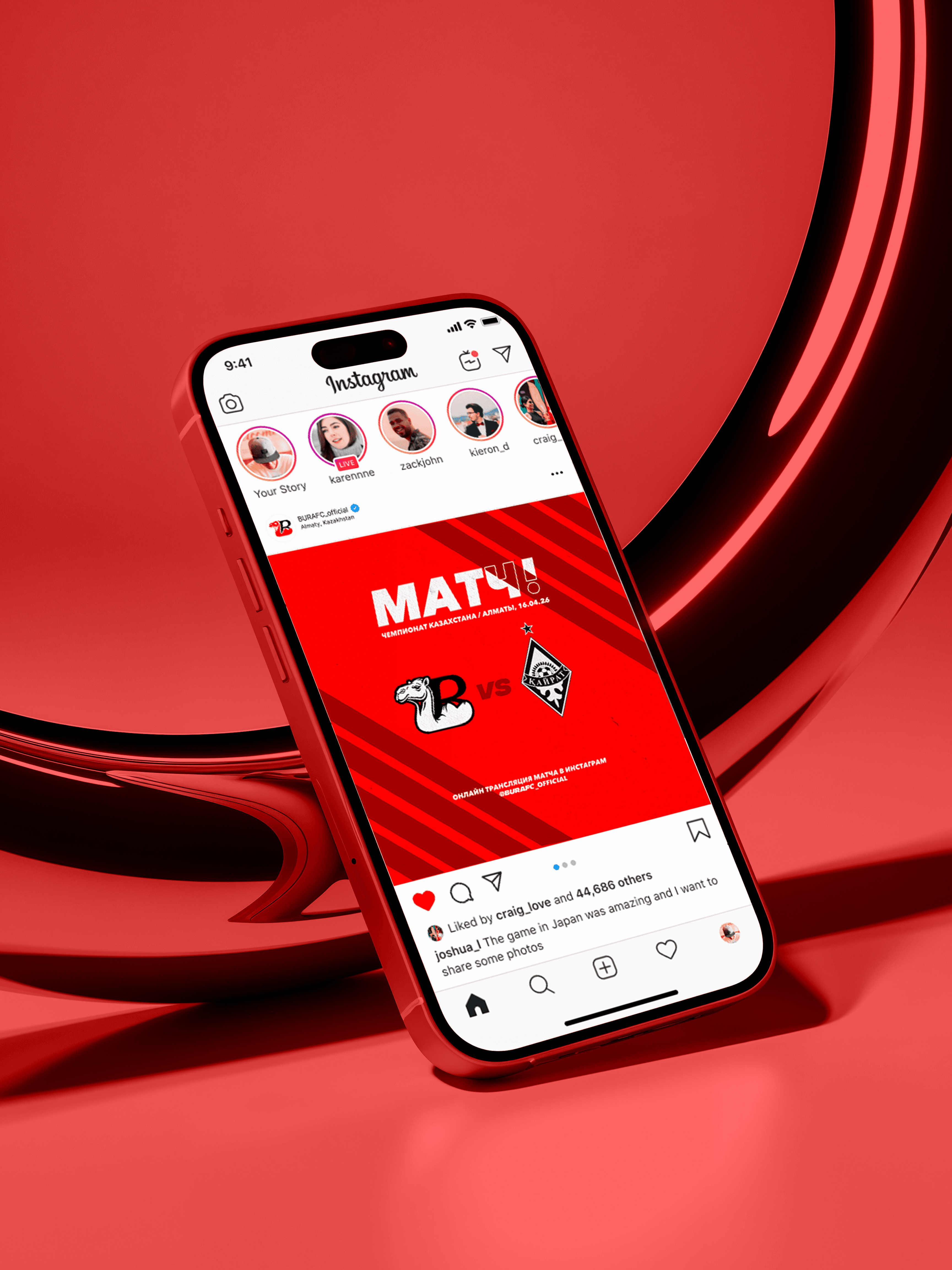 Red smartphone displaying a football match poster