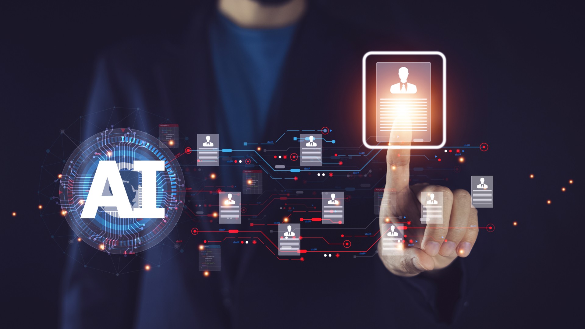 Business professional using an AI-powered digital interface to analyse customer identity profiles, representing how AI agents are transforming anti-money laundering compliance.